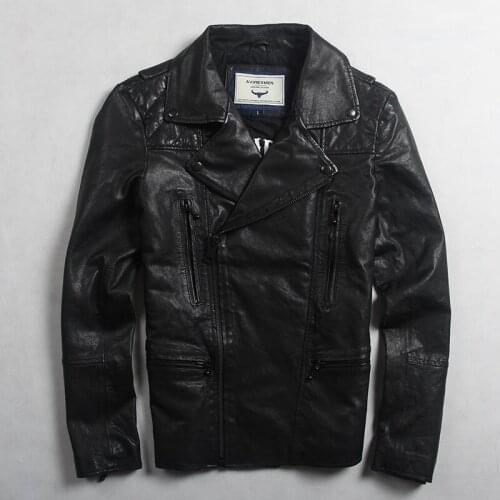 Avirexmen mens fashion slim fit genuine leather jacket with letter black goat skin Oblique zipper biker jacket men leather coat