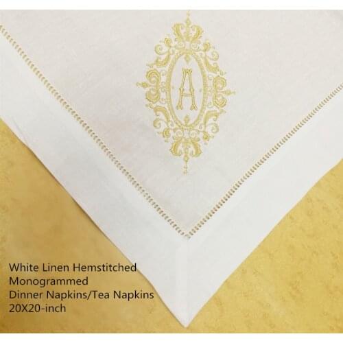 Set of 12 Excellent Monogrammed Dinner Napkins White Hemstitch Linen Table Napkins 20x20" Ladder Embroidered Initial Tea Napkin