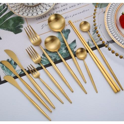 Gold Cutlery Set Forks Knives Spoons 18/10 Stainless Steel Dinner Dinnerware Set Fork Spoon Knife Chopsticks Set Dropshipping