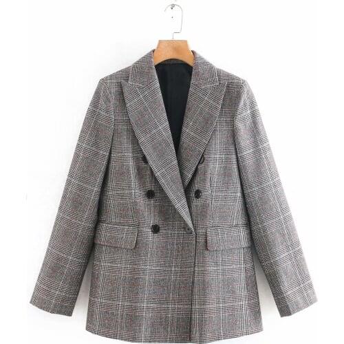 2021 New vintage gray lattice suit jacket coat office laides formal blazer spring women jacket double breasted