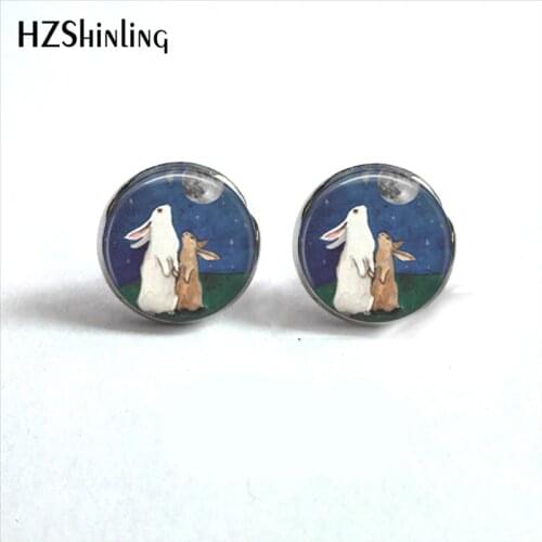 ED-001 New Fashion Rabbit and Moon Stud Earrings Handmade Cute Animal Rabbit Ear Studs Round Glass Dome Jewelry Wholesale HZ4