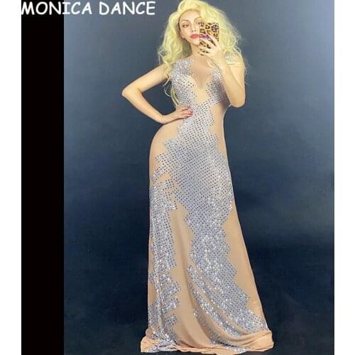 Nightclub Sexy Silver Rhinestone Transparent Nude Dress Birthday Celebrate Outfit Prom Women Singer Dancer Show Dresses Costume