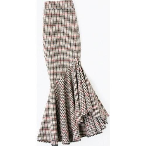 Auutmn winter Woolen meimaid skirt women high waist irregular thousandbird plaid package hip trumpet skirt plus size 4XL