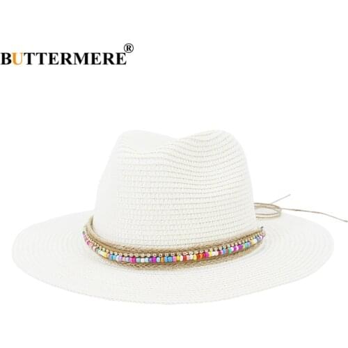 BUTTERMERE White Panama Hat Womens Sun Hat Straw Beach Fedora Summer Hat Wide Brim Sombreros