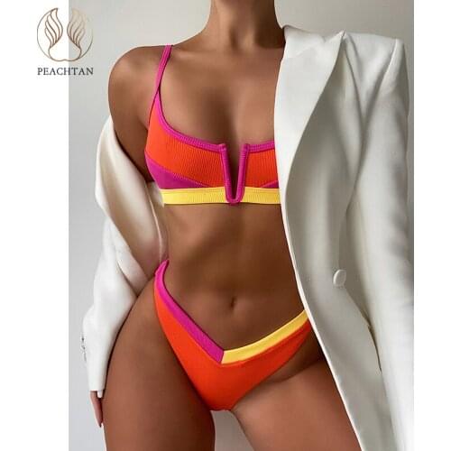 Peachtan Patchwork bikini set Ribbed swimsuit women V-neck swimwear female High cut bathing suit Sexy 2 piece set bqiuini summer
