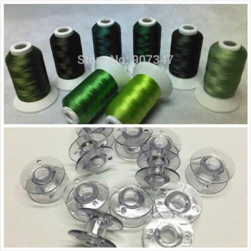 Green Colors Polyester Machine Embroidery Thread Filament 550yds * 8 ,Strong Strength + 12 pcs Plastic Empty Bobbin Cases Size A
