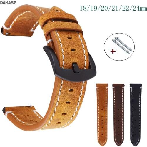 18mm 19mm 20mm 21mm 22mm 24mm Genuine Leather Watch Band Bracelet Men Women Wrist Watch Strap Black Metal Buckle Watchbands