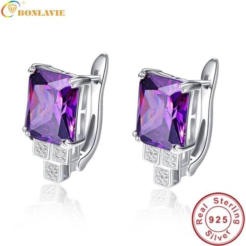 BONLAVIE Purple Piercing Earrings Clip Design Women Amethyst Stone Ear Studs 100% Silver 925 Bridal Wedding Party Fine Jewelry