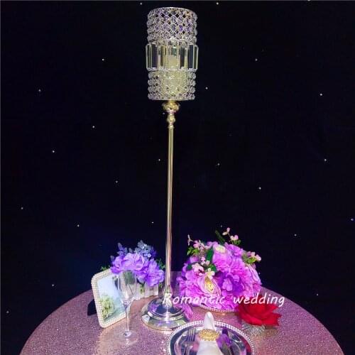 In Stock On Sale 2pcs/lot High Candle Holder Crystal Metal Silver Pillar Crafts for Wedding party event home decoration