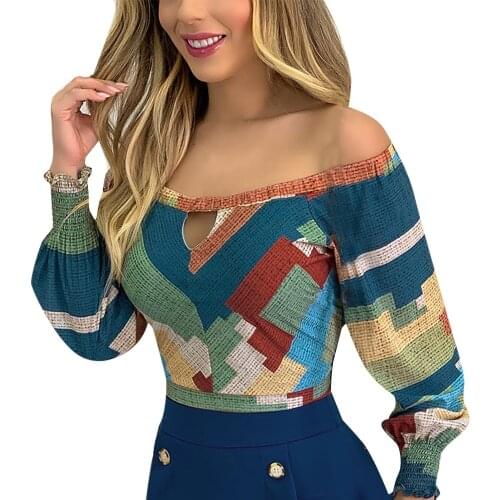 Fashion Women Spring Autumn Blouse Hollow Out Shrinkage Slash Neck Long Lantern Sleeve Print Slim Sexy Tops Female Clothing