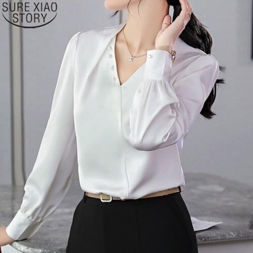 Office Lady Long Sleeve Shirts Women Tops Autumn Fashion Clothing Chiffon Blouse Elegant Shirt V-neck Beading Shirt Blusas 16887
