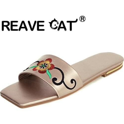 REAVE CAT 2021 Summer Fashion Ladies Slippers Flower Sweet Embroidered Flat Heel Slide Slingback Open Toe Size 34-39 White A4165