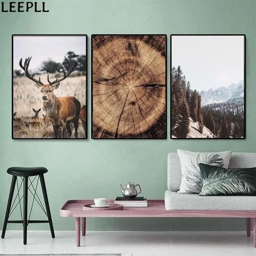 Mountain View Animal Deer Figure Natural Wood Annual Rings Scandinavian Poster Nordic Wall Art Canvas Painting Wall Home Decorat