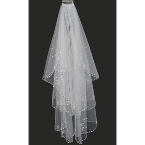 2 Layer Ivory Sequins Bridal Accessory Veils Beaded Edge Wedding Veil With Comb