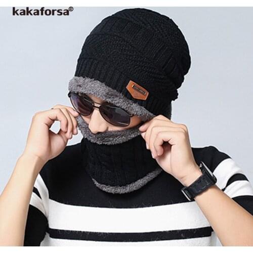 Kakaforsa Men Winter Warm Casual Cotton Beanie Scarf Fashion Thickened Jacquard Caps Knitted Multifunctional 2-piece Solid Hat