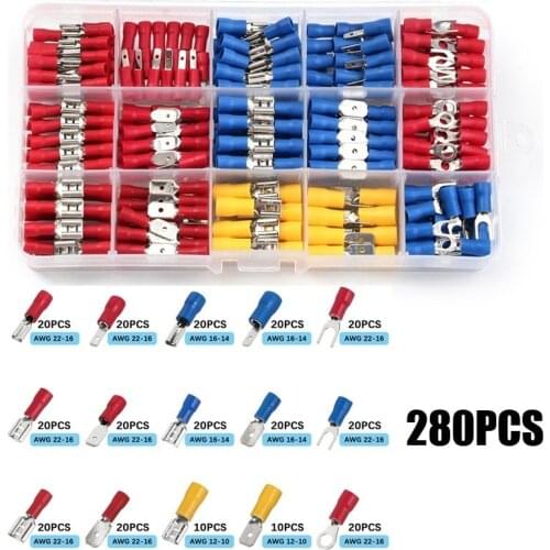 280Pcs Assorted Insulated Spade Crimp Terminal Butt Electrical Wire Cold Pressure Terminal Set Red Blue Yellow With Box
