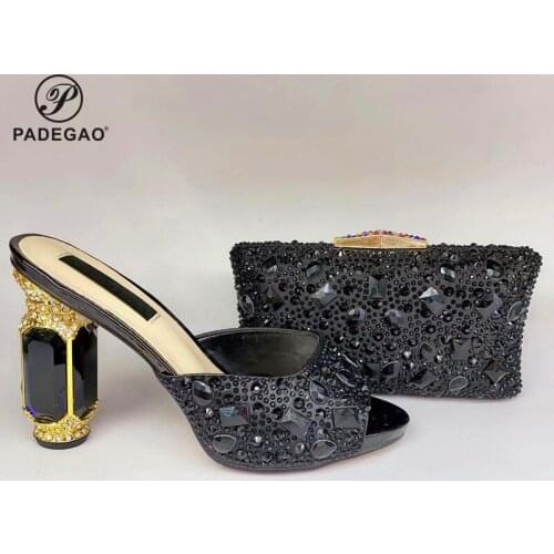 2020 Super High Heels Nigerian Shoes With Matching Bags Set Italian Womens Party Shoes and Bag Sets Black Color with Crystal