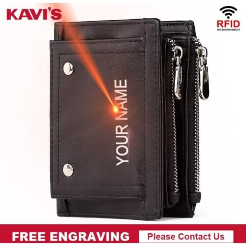 KAVIS Genuine Leather Wallet Cow Leather Short Coin Pocket Quality Men Perse Small Male Card Holders Double Zippers Engraving