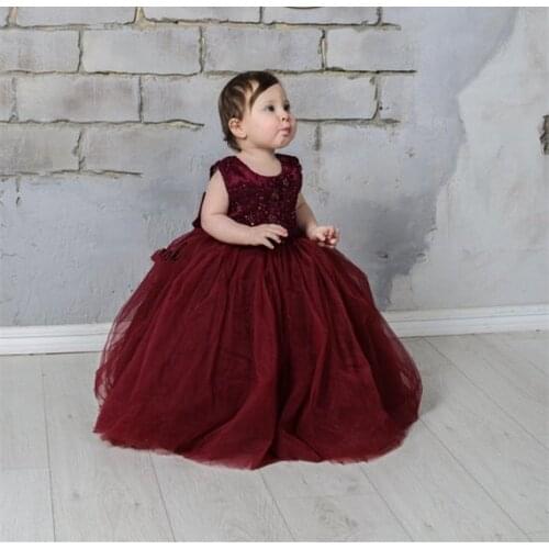 Burgundy Baby Girl Dress Big Bow Puffy Ball Gowns Toddler Kids First Birthday Party Gowns Photoshoot