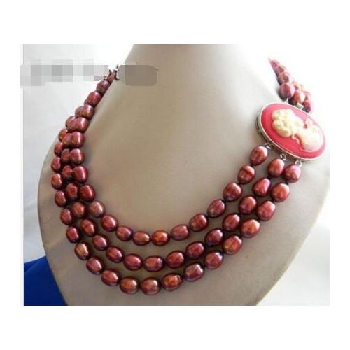 3Strands 18'' 9.5mm Red Rice Freshwater Pearl Necklace