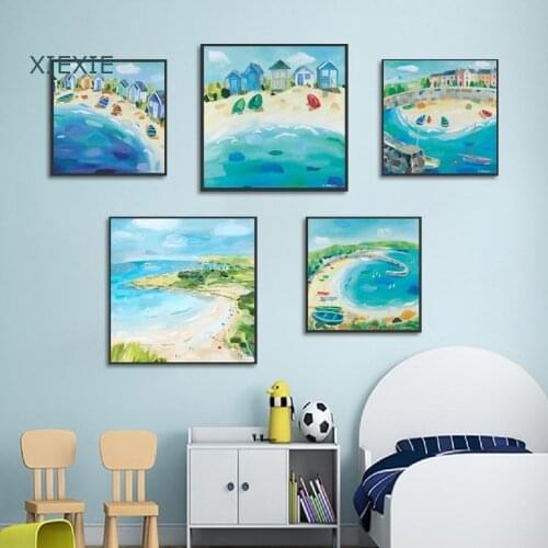 Beach Boat Cartoon Seaside Watercolor Landscape Canvas Painting Blue Wall Art for Kids Baby Room Living Room Home Decor