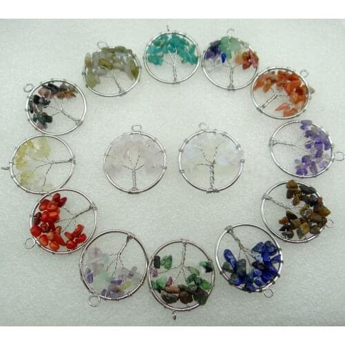 2020 natural stone 30mm Mix Quartz Crystal lapis 7 Chakra Reiki Healing Tree of Life Pendant for diy Jewelry making necklace12Pc