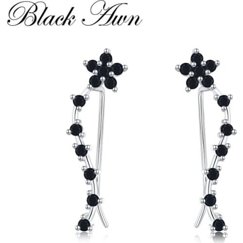 Romancit 925 Sterling Silver Jewelry Engagement Flower Drop Earrings For Women Black Spinel Female Earring Gift I036