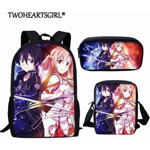 Twoheartsgir School Bags Set for Teenager Sword Art Online Print School Student Bag Primary Anime Book Bag Travel Bag Mochila