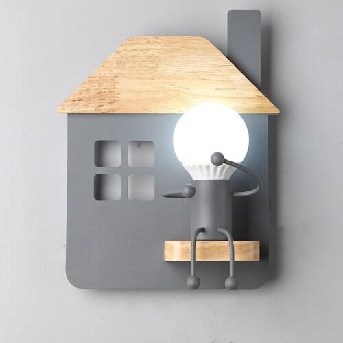 Modern Wood and Metal Wall Lamp Creative Small Man Iron Lights Simple Cartoon Robot Sconce Lamps for Indoor Art Decor Light