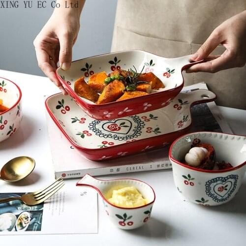 Japanese Girl Heart Cherry Ceramic Fruit Salad Bowl Tableware Dessert Bowl Baking Bowl Baking Tray Breakfast Bowl Household