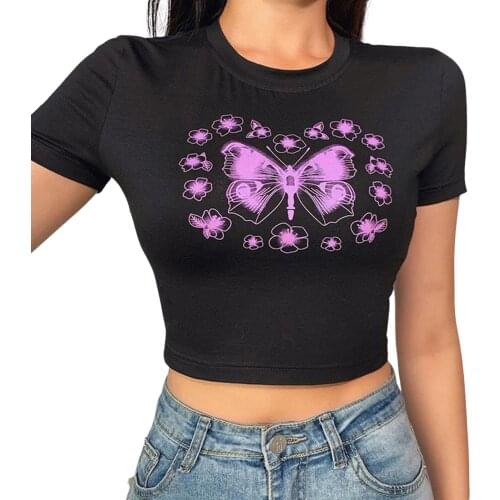 Women Fashion Short Sleeve Butterfly Print Tops Lady Stylish T-shirt for Shopping Daily Wear