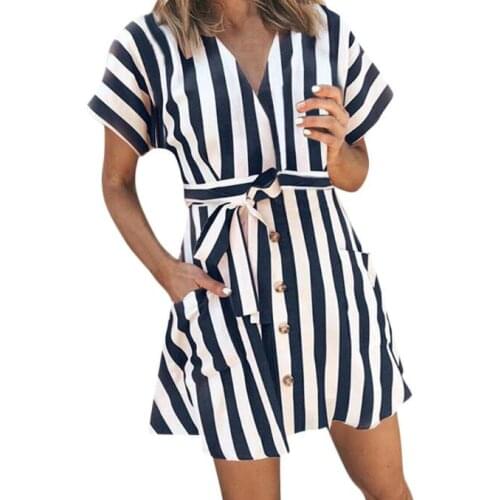 1 piece V Neck Vertical Striped Belted Dress 2021 Elegant Green Pastel Short Sleeve Summer Women Tunic Dresses