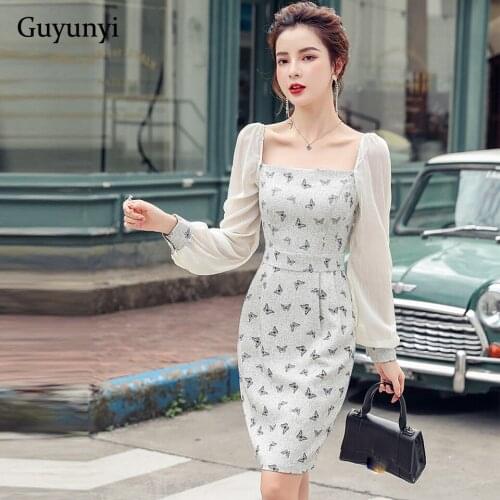 Elegant Office Lady Dress 2020 Autumn Simple Butterfly Print Square Collar Chiffon Puff Sleeve High Waist Tight Dress Women