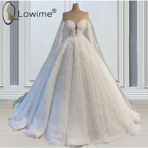 Dubai Ivory Muslim Long Sleeve Wedding Dresses with Wrap 2021 Puffy Ball Gown Lace Bridal Gowns Custom Made