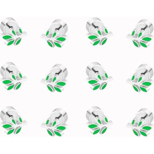 LUXUKISSKIDS 12Pairs/Lot Wholesale Leaves Shape 7.9mm Silver Color Stainless Steel Push Back Stud Earrings Box Jewellry aretes