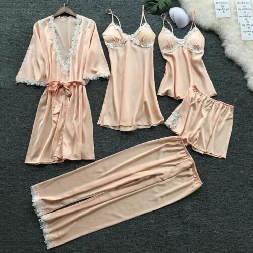 5pcs Women Sexy Lingerie Robe Lace Silk Stain Babydoll Underwear Nightwear Bathrobe Gown Pajamas Set