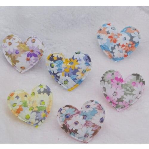 50Pcs/LOT 4.8*4.2CM Print Flower Fabric Heart Padded Appliques For DIY Handmade Children Hair Clip Accessories Patches