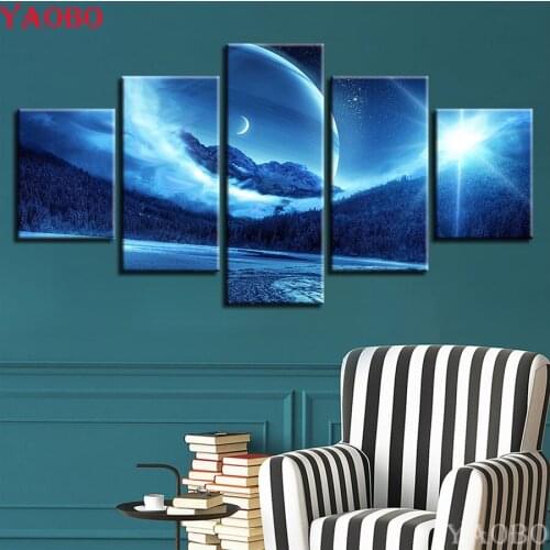 5D DIY Diamond Painting 5 Pieces Mountain And Moon Planet Night Scene Diamond Embroidery Cross Stitch Rhinestone Mosaic Painting