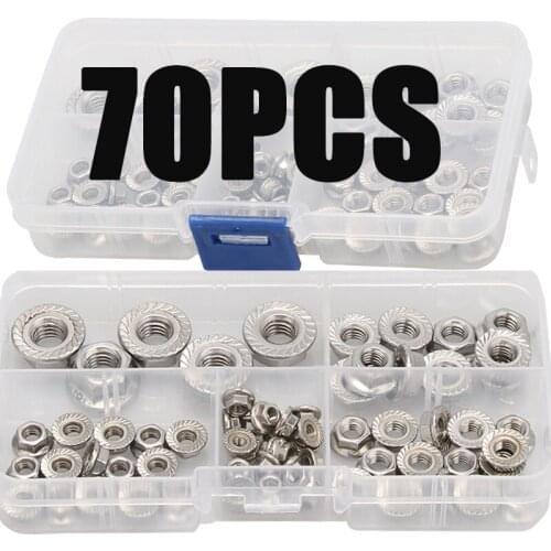 70Pcs M3/M4/M5/M6/M8 DIN6923 304 Stainless Steel Hexagon Flange Nuts Slip Locking Nut Assortment Kit HW015