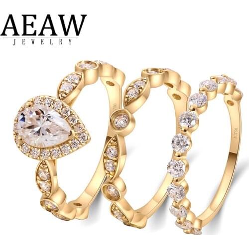 AEAW Unique Wedding Pear Cut Moissanite Rings Set DF Color 14K Yellow Gold 1.0Carat For Women Bridal