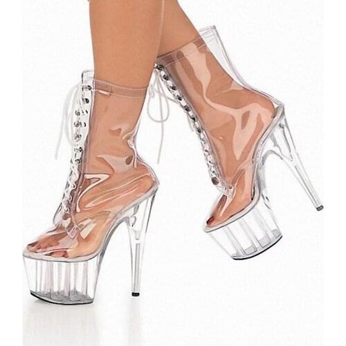 Sexy Clear PVC Lace Up Ankle Boots Pointed Toe Transparent Platform Super High Heel Stage Boots Female Pole Dance Short Boots