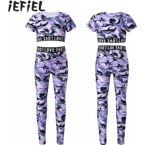 Kids Girls Tracksuit Outfit Camouflage Printed Tanks Tops Crop Top with Leggings Pants for Stage Performance Workout Sport Suits