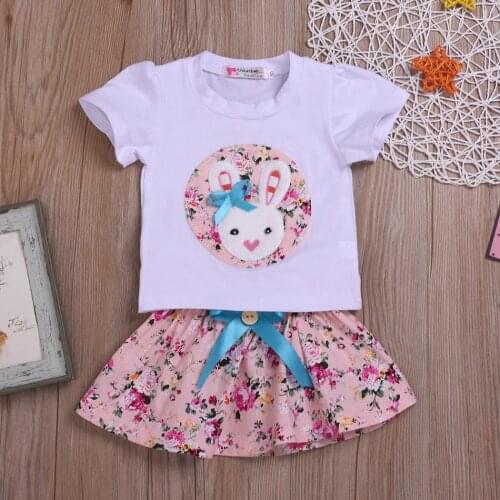 LUCKKIDS Rabbit Bunny Printing Clothing For Girls T-Shirt + Pant Suit Outfit Summer Vibe Birthday Gift 1-5T