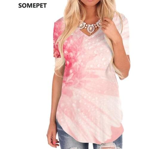 SOMEPET Flowers T Shirt Women Pink Funny T shirts Harajuku V-neck Tshirt Womens Clothing Hip hop Printed Plus Size High Quality