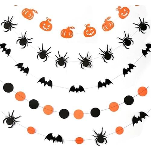 4M Orange/Black Paper Hanging Flag Halloween Decoration Prop Round Spider Pumpkin Bat Bunting Banners Halloween Party Supplies