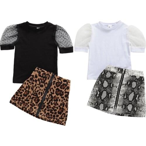1-6Y Summer Fashion Toddler Baby Girls Clothes Sets Lace Sleeve T Shirts Tops+Leopard/Snakeskin Print Skirts