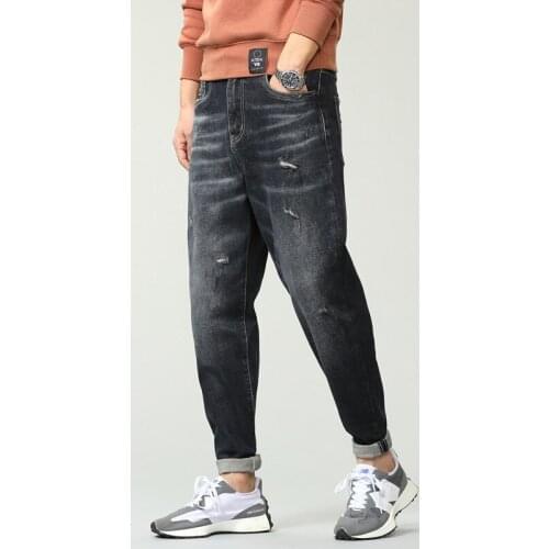Bx863 Men Tapered Harem Jeans Loose Korean Style Trendy Fashion Urban Scratch Bleached Retro Zipper-Fly All-Match Denim Pants
