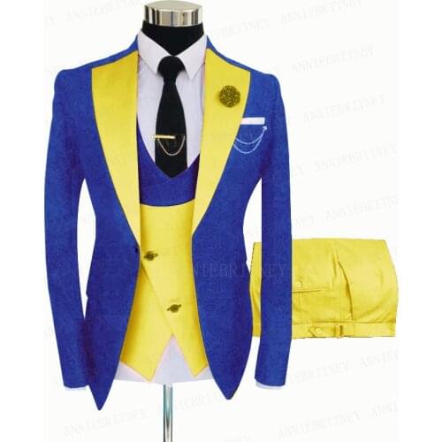 Royal Blue Men Suit 3 Pieces Tailored Best Man Groom Wedding Tuxedo Slim Fit Jacquard Blazer Suit Jacket Yellow Vest Pants Set