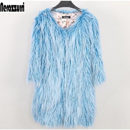 Nerazzurri Winter oversized warm thick faux fur jacket women 2020 3/4 sleeve Yellow light blue shaggy fluffy faux fur coat women