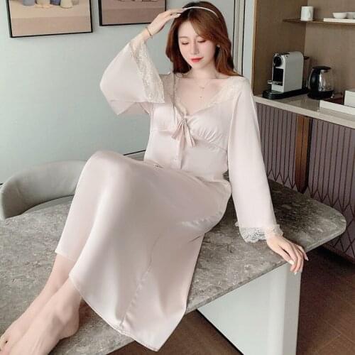 Spring Autumn New Long Nightgown Ladies Sweet Lace Bow Home Dress Sexy V-Neck Nightdress Retro Sleepwear Flare Sleeve Pajamas